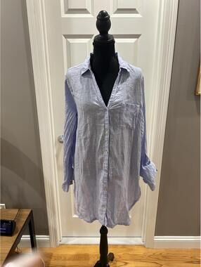 Light Blue Long Sleeve Button-Up Shirt Dress LINEN SZ LARGE